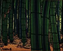 Clifton Karhu woodblock on fabric 1975, in glazed frame