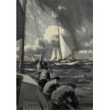 Charles Pears (1873-1958) monochrome oil on paper - On Deck, signed, 43cm x 29.5cm, unframed