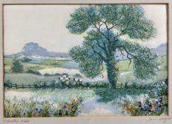 Jane Wagner (contemporary) group of five embroidered landscapes, all signed and titled in glazed fra