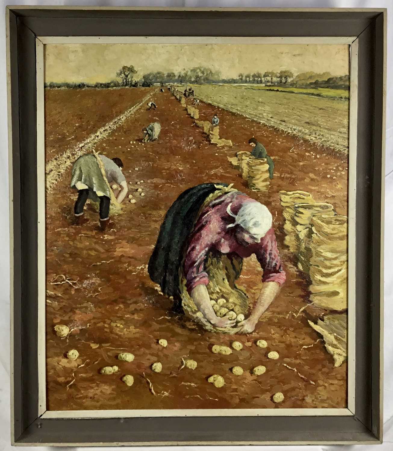 J. A. Cooper, 20th century, oil on board - The Potato Harvest, signed, 75cm x 63cm, framed