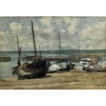 Ernest Denton watercolour study of beached boats, signed, in glazed frame 44cm x 54.5cm overall
