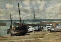 Ernest Denton watercolour study of beached boats, signed, in glazed frame 44cm x 54.5cm overall