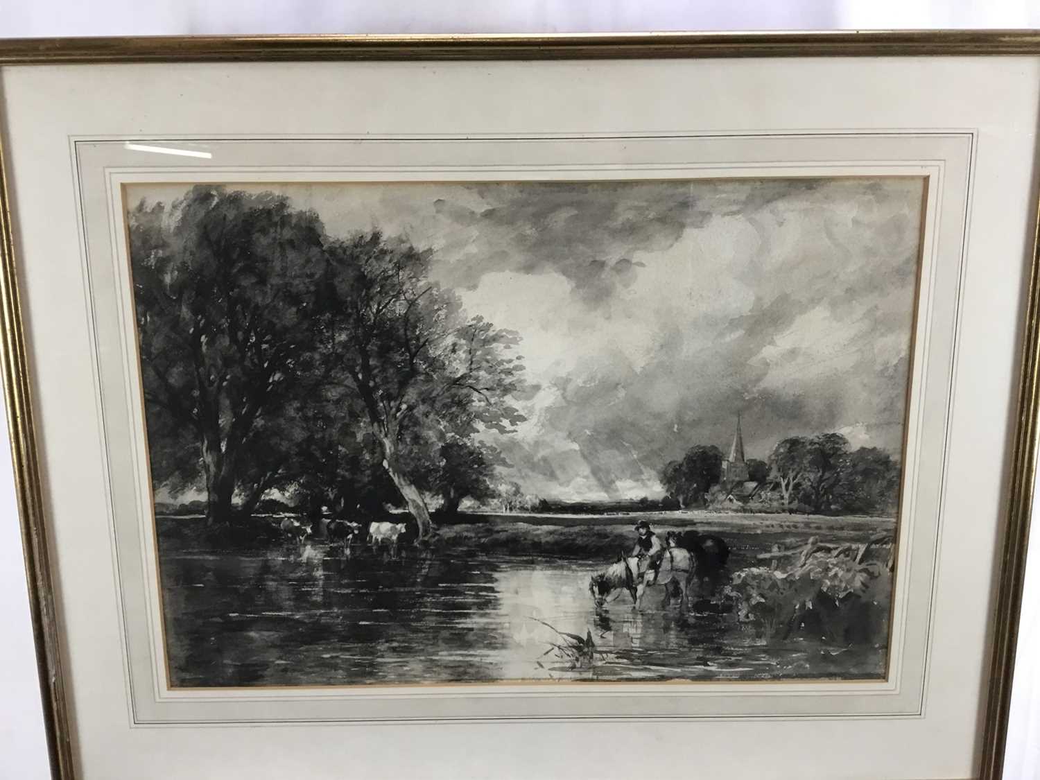 Monochrome watercolour after John Constable of figure and cattle at a ford, in glazed frame 69cm x 5 - Image 2 of 12