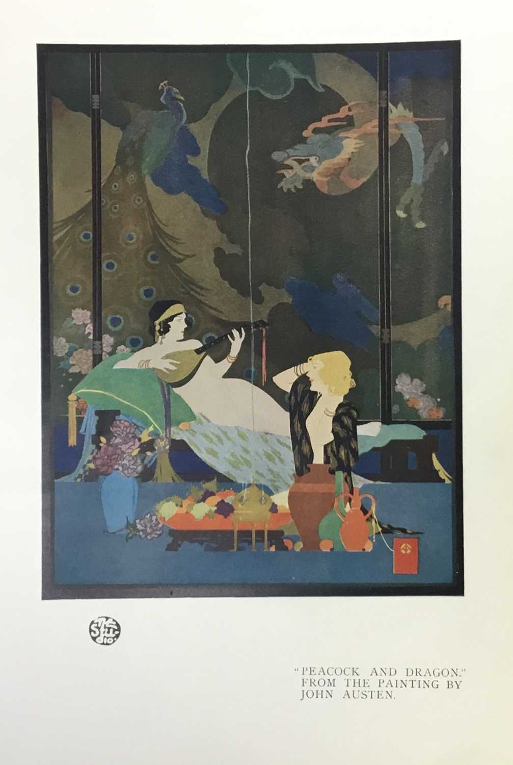 John Austen, 1886-1948. Art Nouveau studio lithograph, “Peacock And Dragon”. Studio mark “The Studio