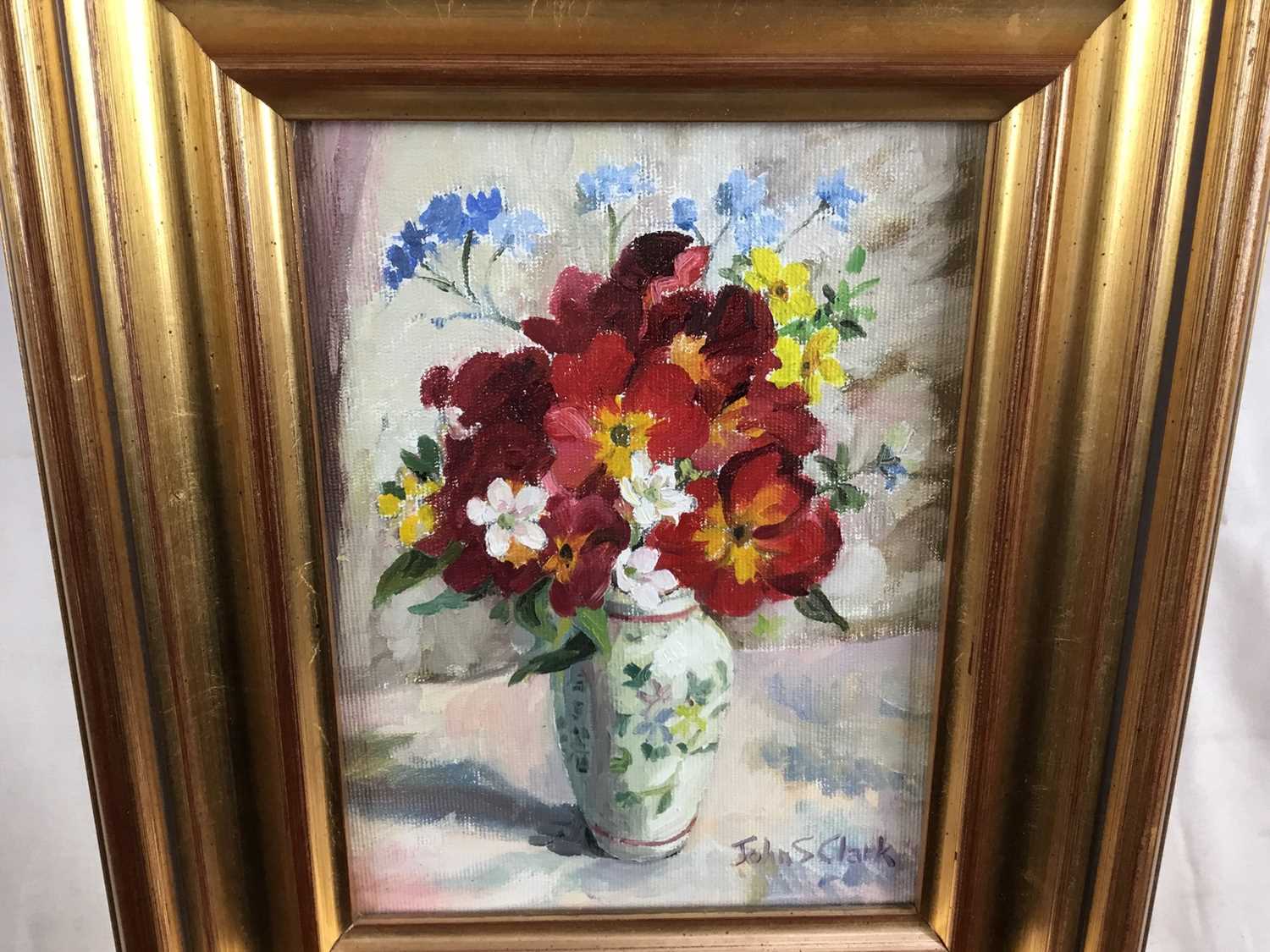 John S. Clark, oil on board, Polyanthus", signed, also inscribed verso, in gilt frame. 19 x 14cm. - Image 3 of 4