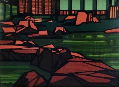 Clifton Karhu woodblock print on fabric 1975, in glazed frame