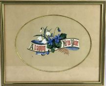 Late Victorian illuminated and polychrome painted motto “A Happy New Year”. Mounted and framed