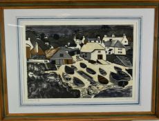 *Graham Clarke (b.1941) woodblock print - Cadgwith, signed and numbered 15/50, 66cm x 46cm in glazed