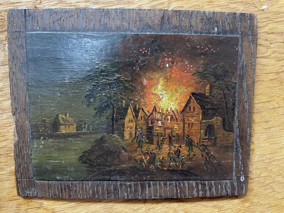 Continental School, 19th century, pair of miniature oils depicting conflagrations, 8cm x 10cm each, - Image 3 of 5