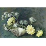 M Brownswood, 20th century. Pastel still study, flowers and seashell. Gilt frame