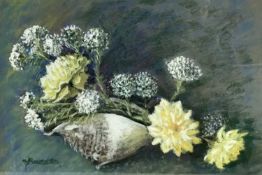 M Brownswood, 20th century. Pastel still study, flowers and seashell. Gilt frame