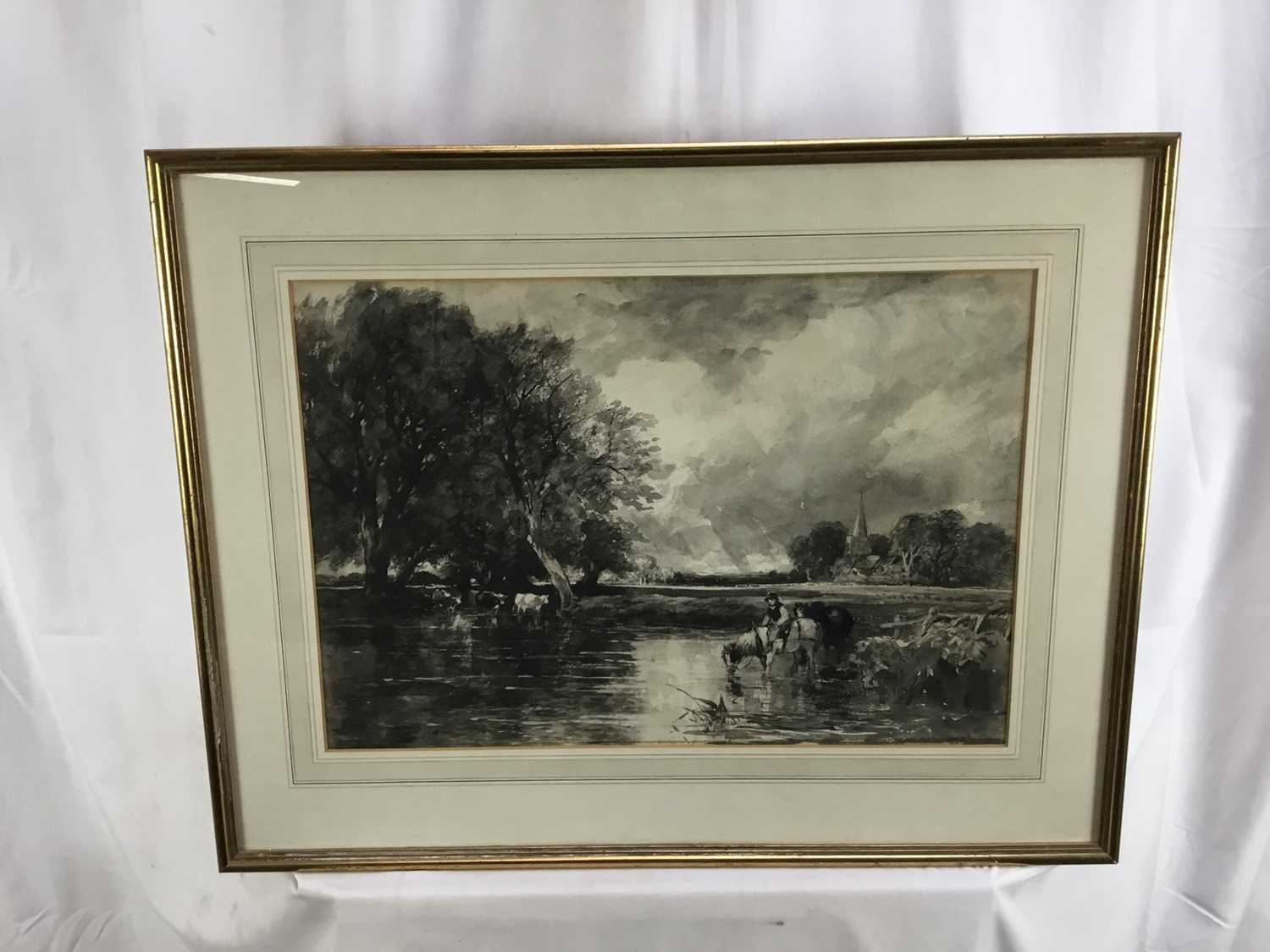 Monochrome watercolour after John Constable of figure and cattle at a ford, in glazed frame 69cm x 5 - Image 3 of 12