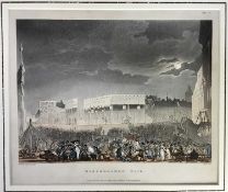 Pugin and Rowlandson, three etching and aquatints - Bartholomew Fair, King's Mews and Queen's Palace