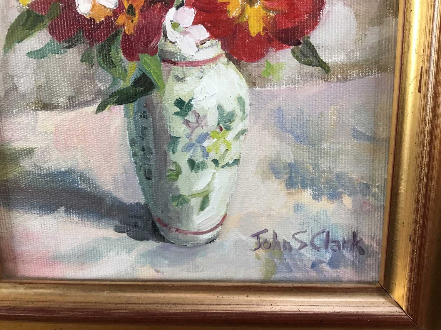John S. Clark, oil on board, Polyanthus", signed, also inscribed verso, in gilt frame. 19 x 14cm. - Image 2 of 4