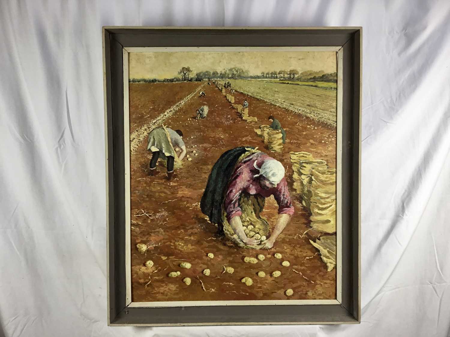 J. A. Cooper, 20th century, oil on board - The Potato Harvest, signed, 75cm x 63cm, framed - Image 2 of 10