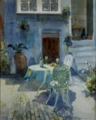 David Wood (1933-1996) watercolour - 'Lunch in the Courtyard', signed, 58cm x 46cm, in glazed frame