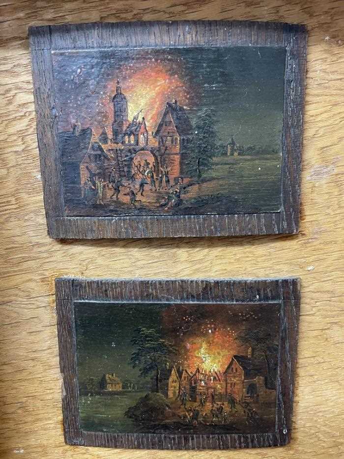 Continental School, 19th century, pair of miniature oils depicting conflagrations, 8cm x 10cm each,