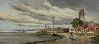 Louis Van Staaten (1836-1909) watercolour, Dutch River Landscape, signed, 30cm x 64cm, in glazed fra