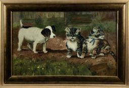 May Egdell, oil on canvas, A puppy and two kittens, signed, in gilt frame. 25 x 40cm.