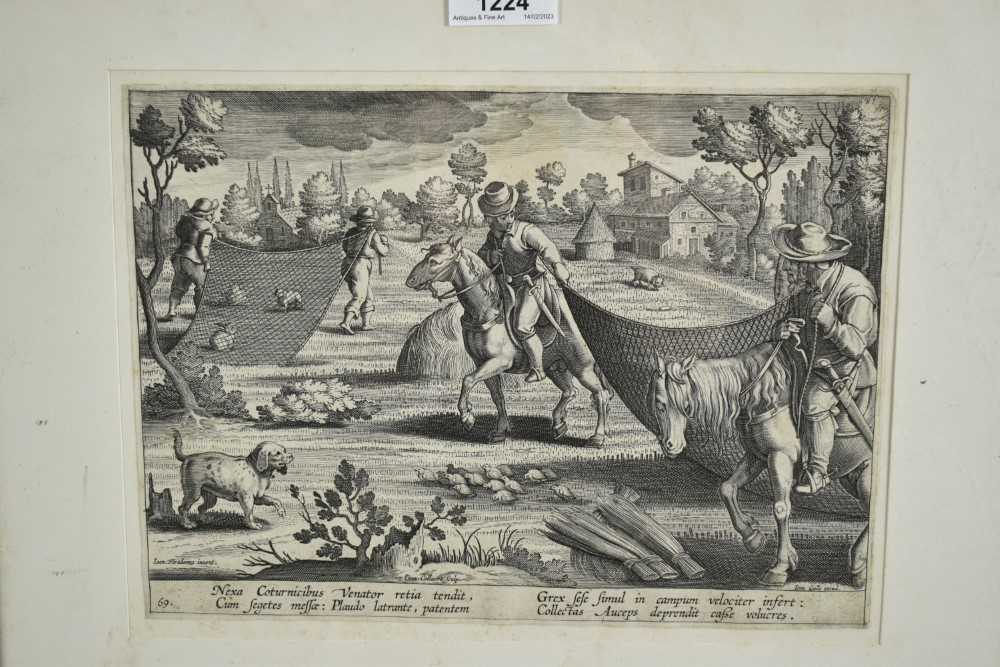 Philips Galle (1537-1612) pair of engravings after Stradanus - Hunting scenes, 22cm x 27cm, in glaze