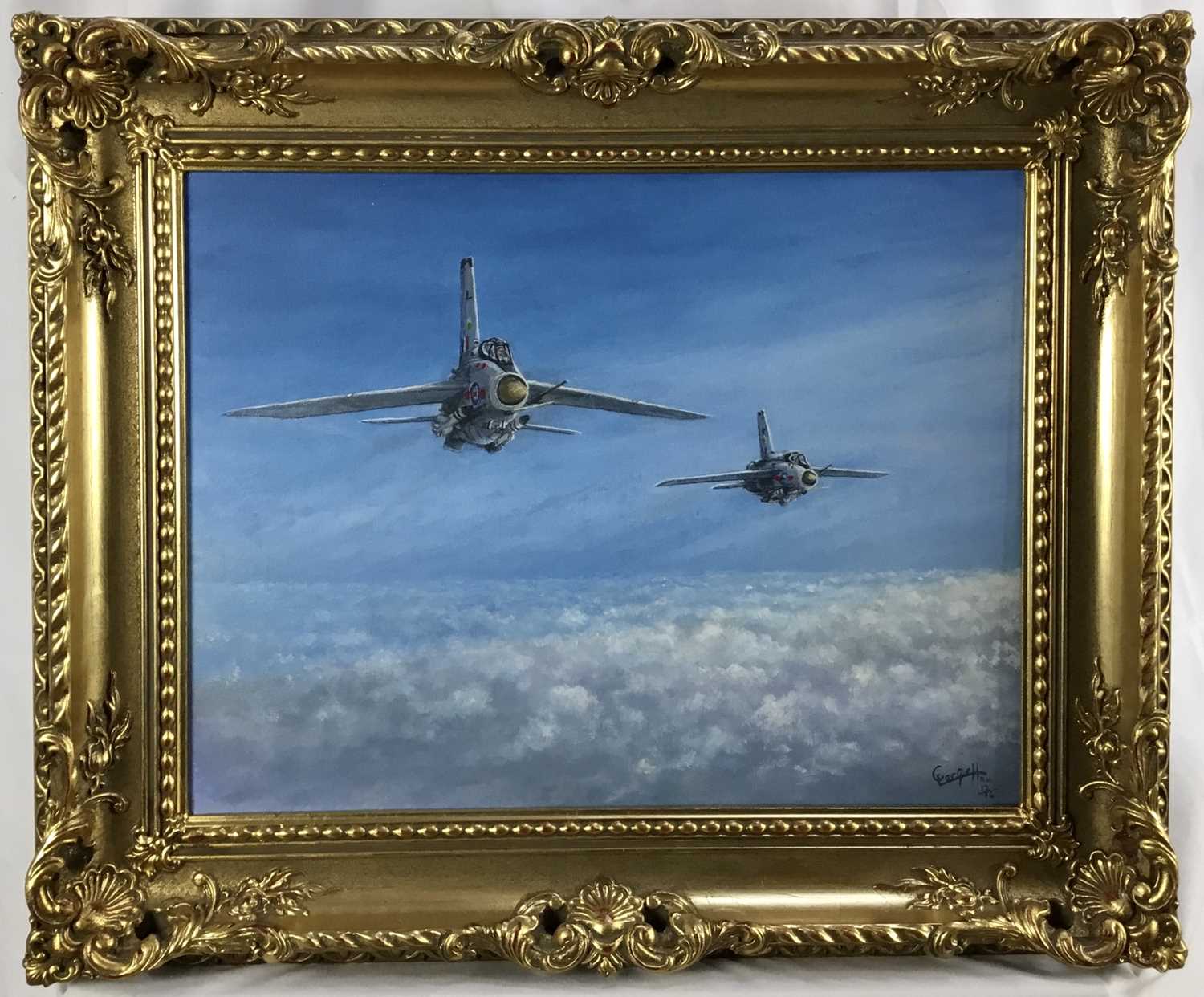 Roy Gargett (1931 - 2025) oil on canvas - R.A.F. F 35B fighter jet, signed, 34cm x 44cm in gilt fram