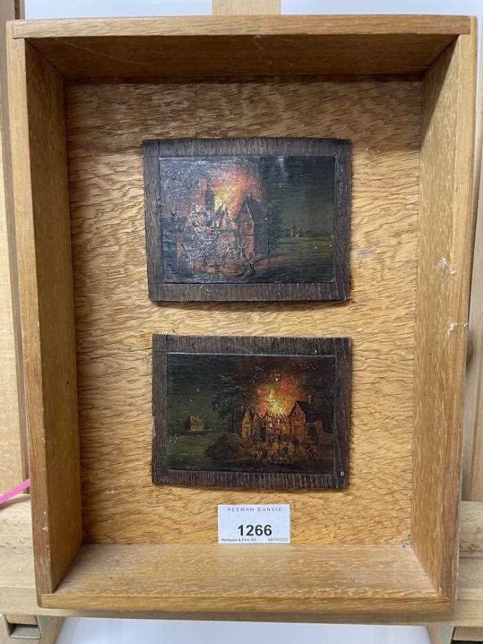 Continental School, 19th century, pair of miniature oils depicting conflagrations, 8cm x 10cm each, - Image 2 of 5