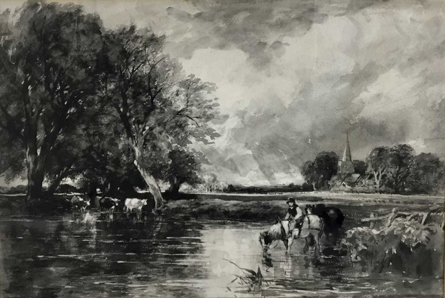 Monochrome watercolour after John Constable of figure and cattle at a ford, in glazed frame 69cm x 5