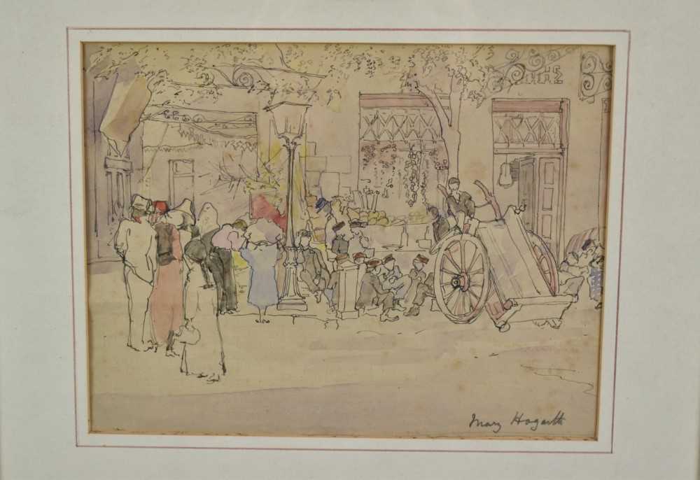 Mary Henrietta Uppleby Hogarth (1861-1935) pen, ink and watercolour - Greek Market, c.1920, signed l