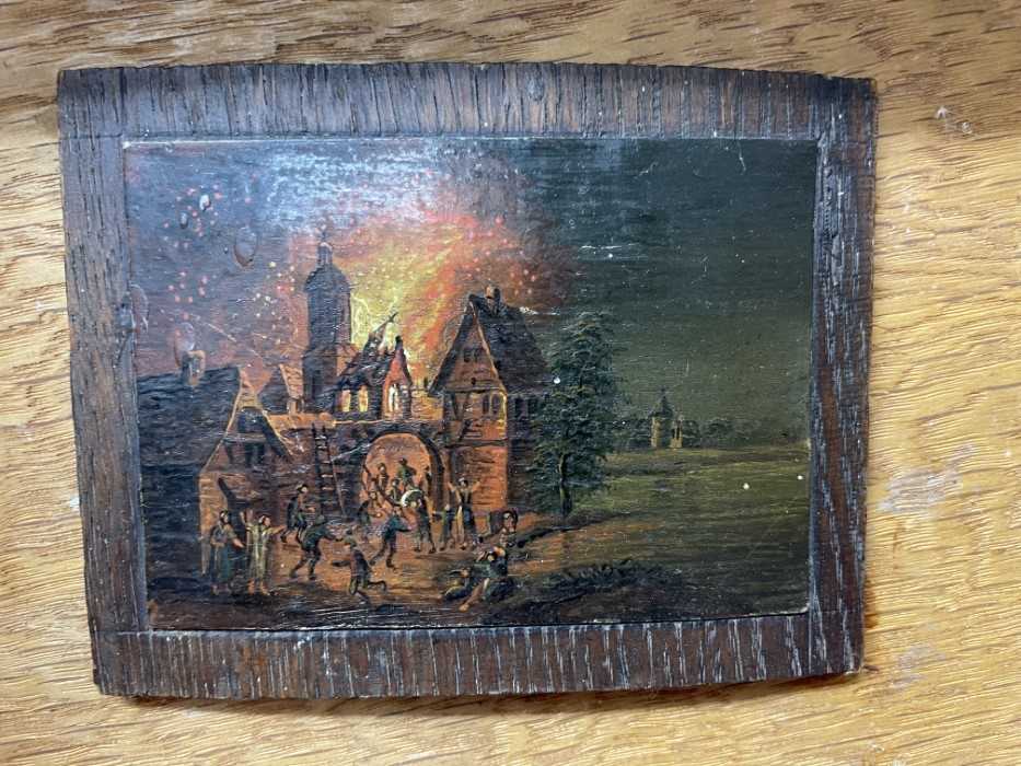 Continental School, 19th century, pair of miniature oils depicting conflagrations, 8cm x 10cm each, - Image 4 of 5