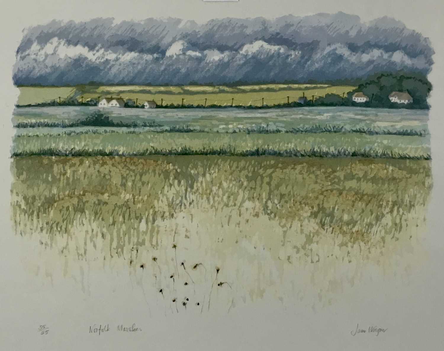 Jane Wagner (contemporary) silkscreen, Norfolk Marshes, signed and numbered 35/55, 32 x 45cm, togeth