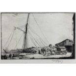 George Soper (1870-1942), signed etching, dock scene, 14.5cm x 21cm, together with another unsigned