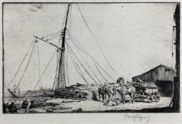 George Soper (1870-1942), signed etching, dock scene, 14.5cm x 21cm, together with another unsigned