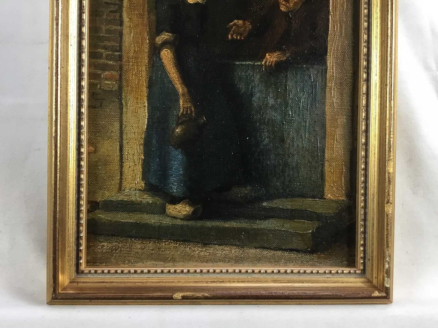 Dutch School 19th Century, oil on canvas laid on panel, A peasant girl and a man at a cottage door, - Image 3 of 4