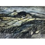 Jean Hinde, 20th Century. Hand coloured linocut, “Eype Down, Dorset”. Signed and titled to mount. Me
