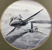 Brian Knight, monochrome gouache illustration The Red Arrows, signed, 25cm diameter, mounted