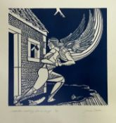 James Dodds (b.1957) signed limited edition linocut, Carpenter Wrestling with an Angel, 11/50, 48cm