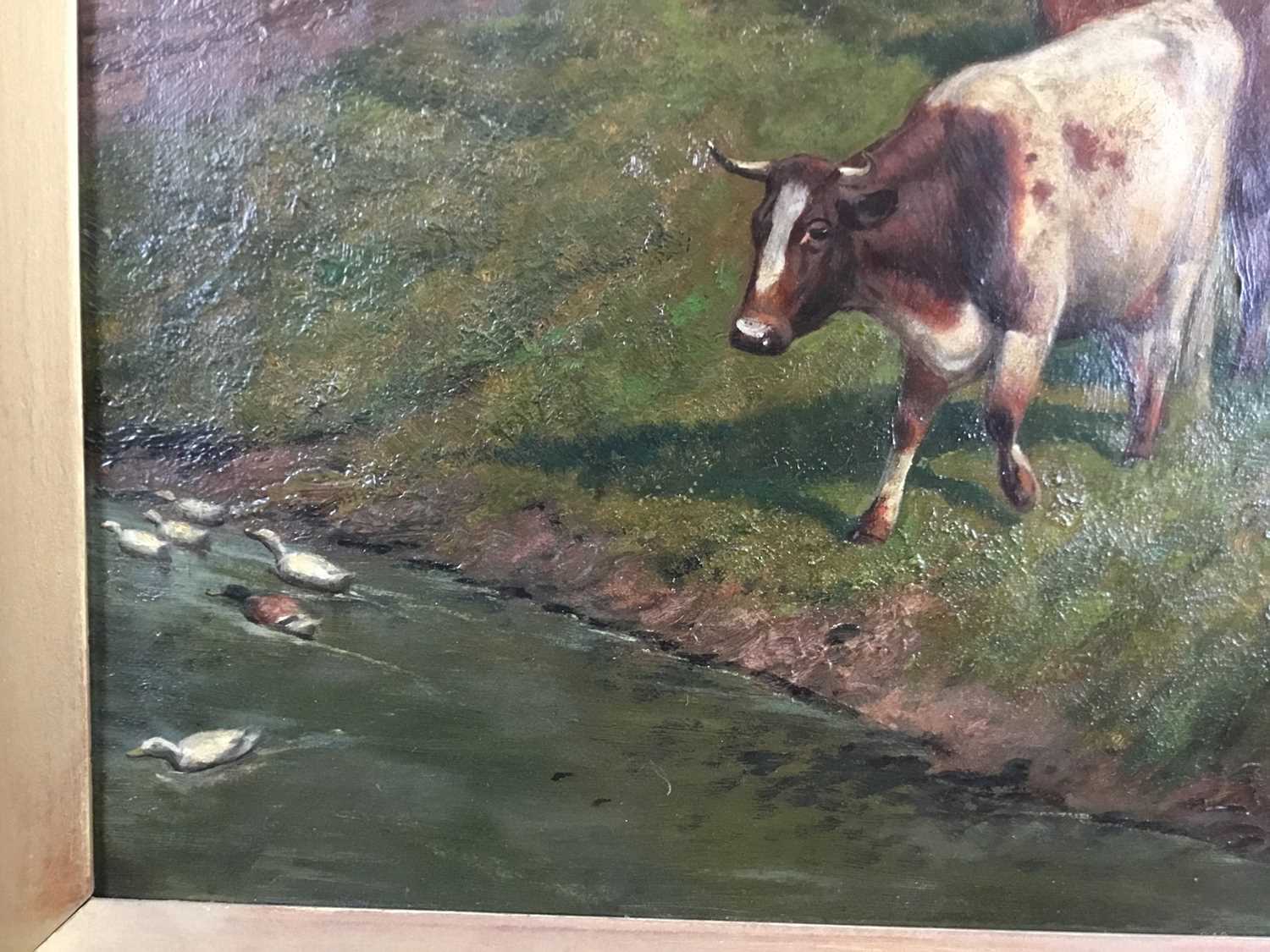 J.G. Cooper, 19th century oil on canvas, cattle approaching a stream, in gilt frame - Image 4 of 9