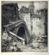 Hedley Fitton (1859-1929) signed etching - Rialto, Venice, mounted, 62cm x 52cm overall