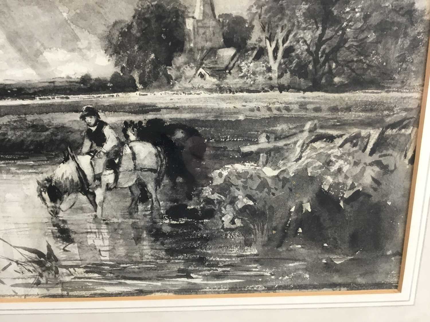 Monochrome watercolour after John Constable of figure and cattle at a ford, in glazed frame 69cm x 5 - Image 6 of 12