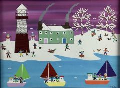 Gordon Barker (b.1960) acrylic on paper - Snow Day, signed, 29cm x 39cm, in glazed frame