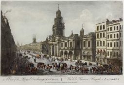 Five various antique coloured London prints including the Royal Exchange, Royal Mint, Waterloo Bridg