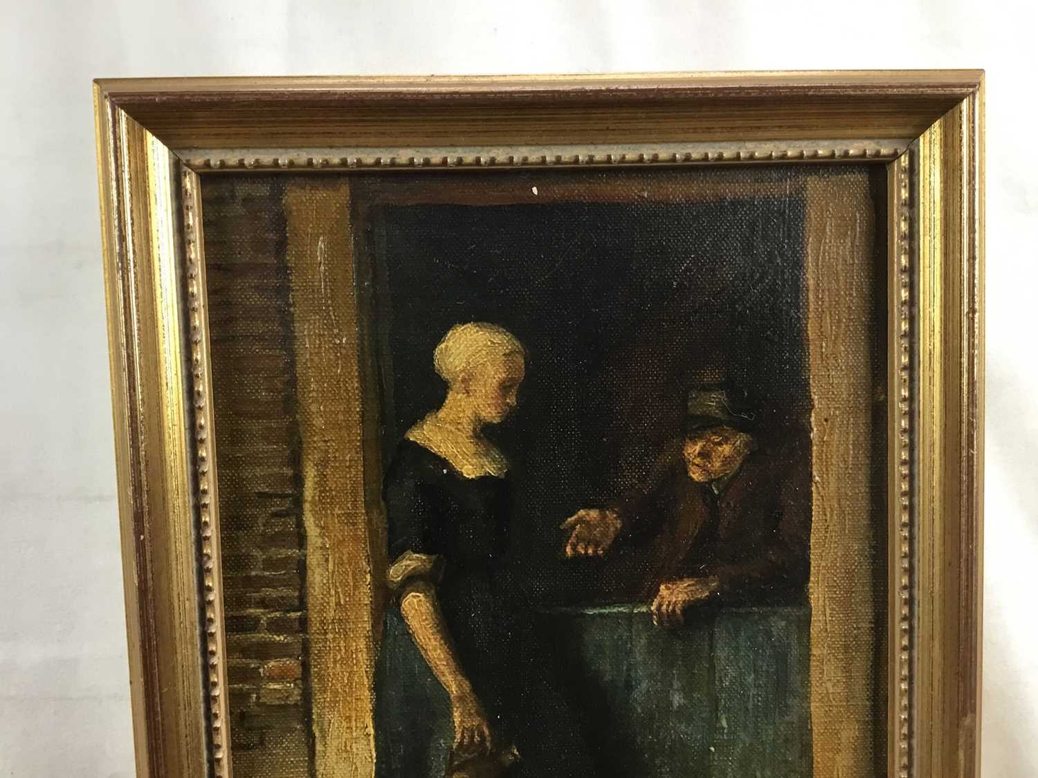 Dutch School 19th Century, oil on canvas laid on panel, A peasant girl and a man at a cottage door, - Image 2 of 4
