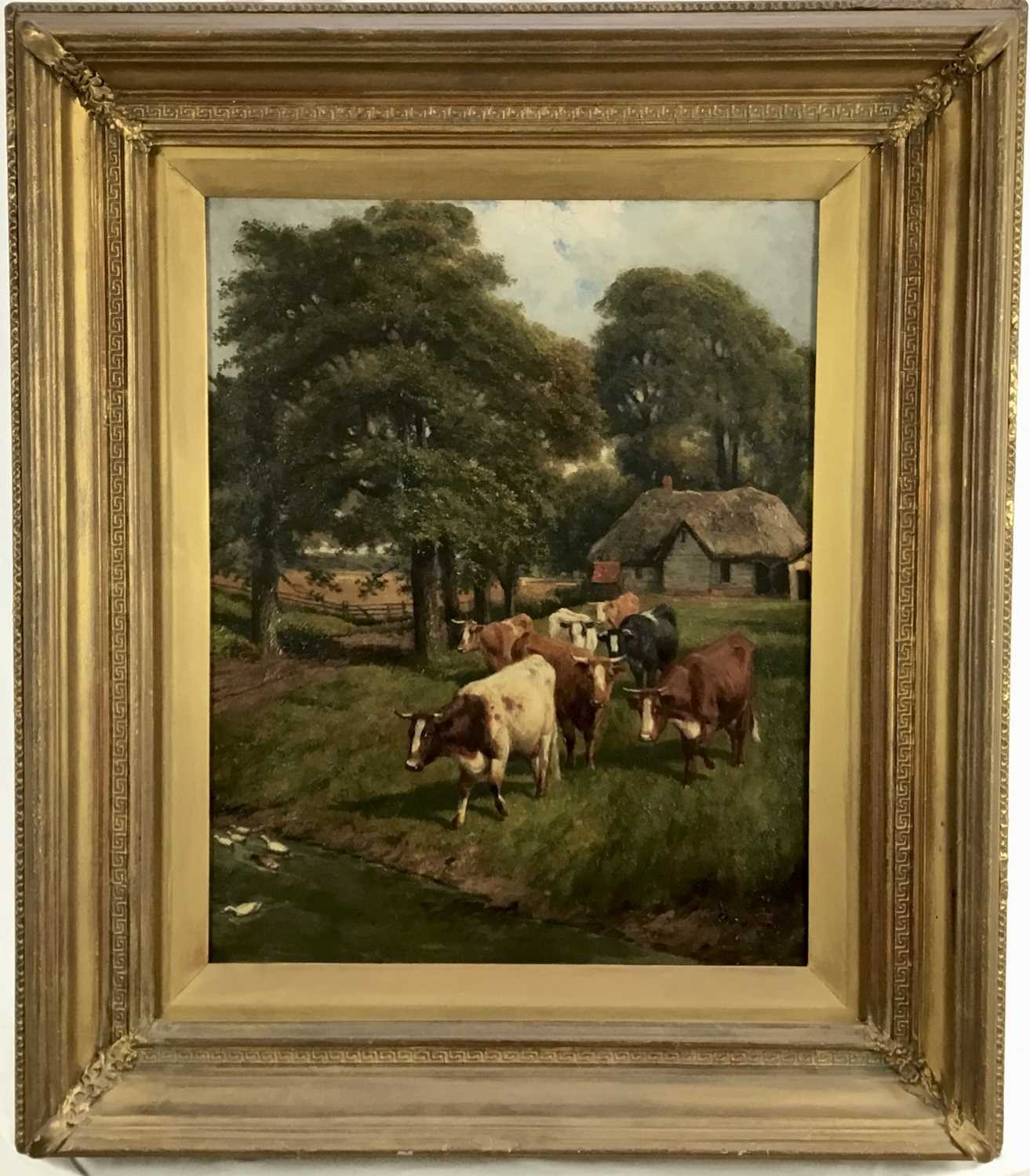 J.G. Cooper, 19th century oil on canvas, cattle approaching a stream, in gilt frame