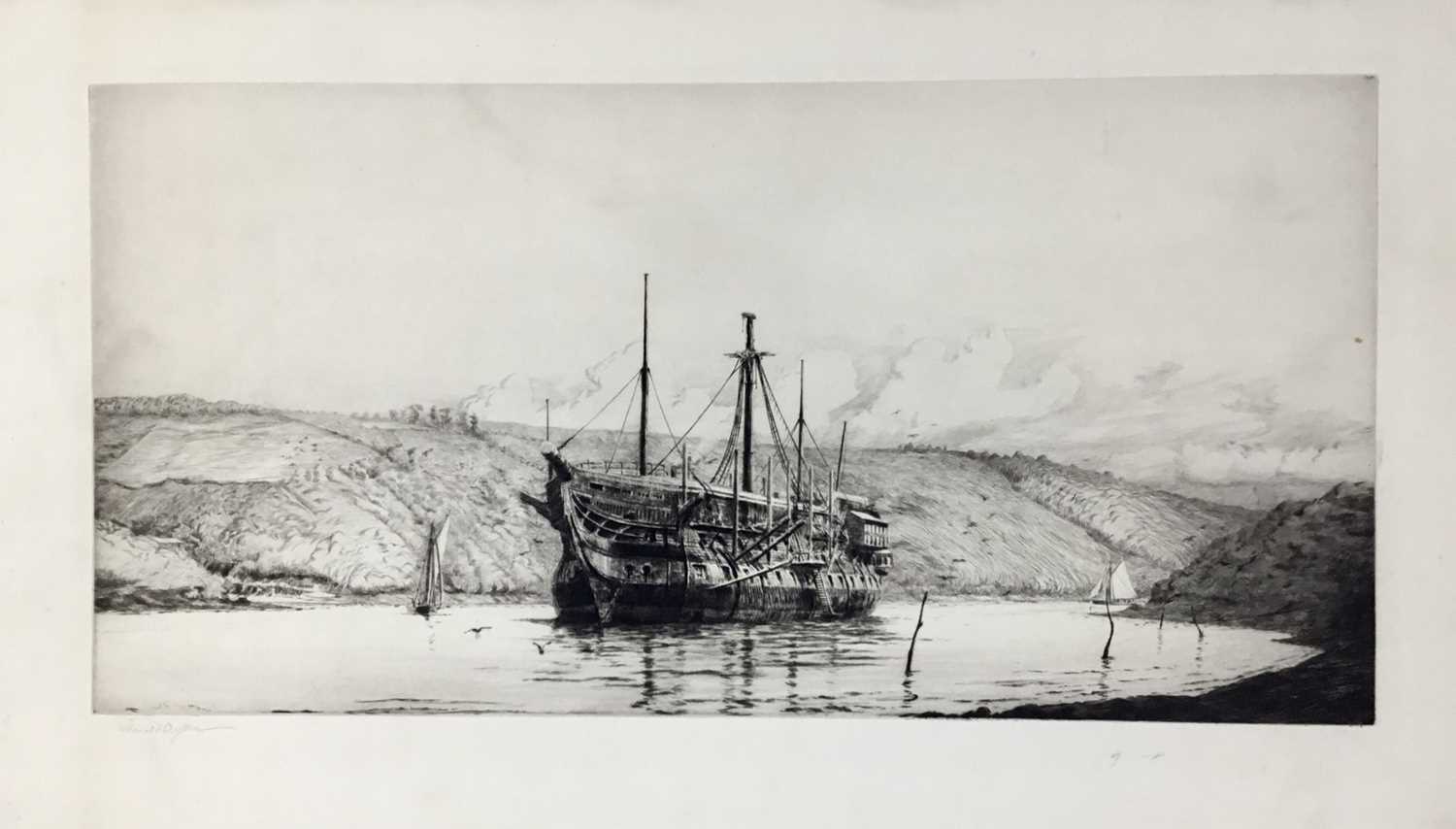 Four various marine prints, Harold Wyllie 'The Hulk Implaceable' 1800, signed, 24cm x 48cm, G. Hunt