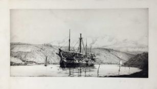 Four various marine prints, Harold Wyllie 'The Hulk Implaceable' 1800, signed, 24cm x 48cm, G. Hunt