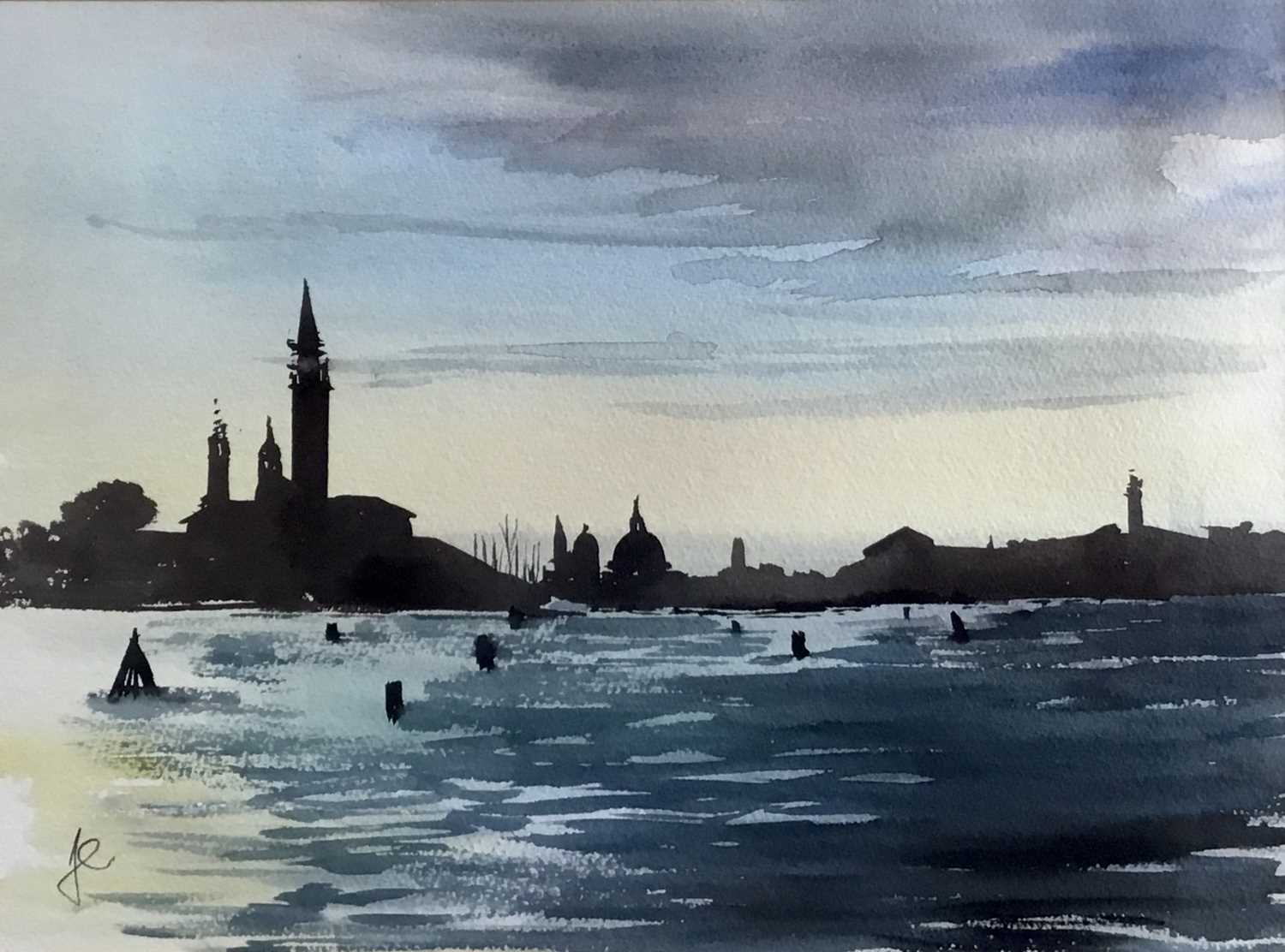 Frankie Cummins, contemporary, watercolour - Grand Canal Entrance, initialled, 29cm x 39cm, in glaze