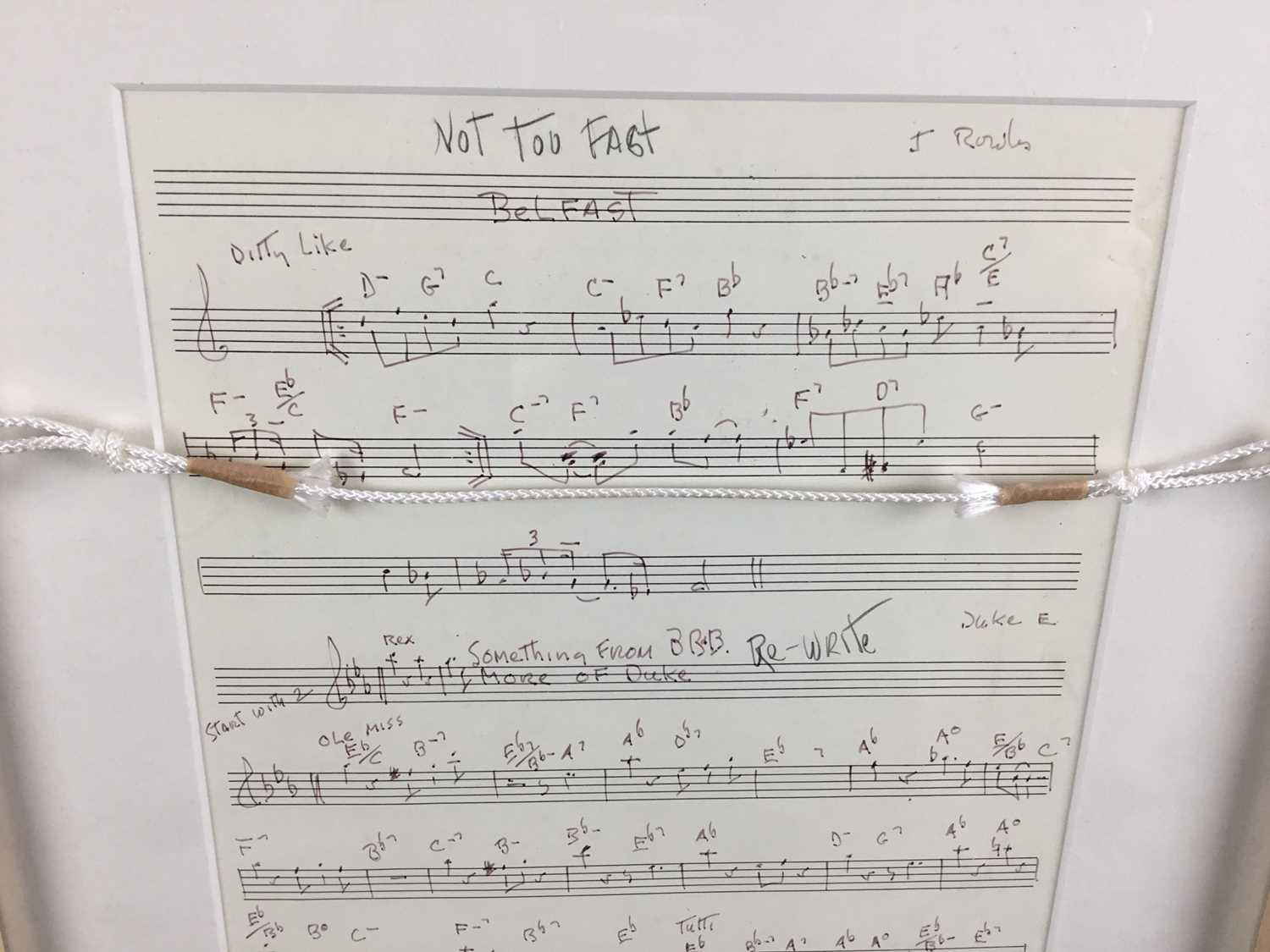 A framed music score, hand-written, probably from Ronnie Scott's in 1965, with parts for Jimmy Rowle - Image 6 of 7