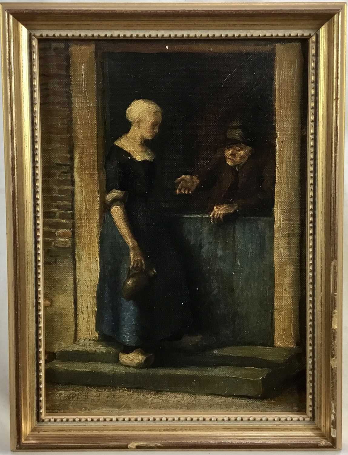 Dutch School 19th Century, oil on canvas laid on panel, A peasant girl and a man at a cottage door,