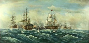 J. Harvey mid 20th Century large oil on canvas - Naval Battle, signed, 59.5cm x 120cm, framed