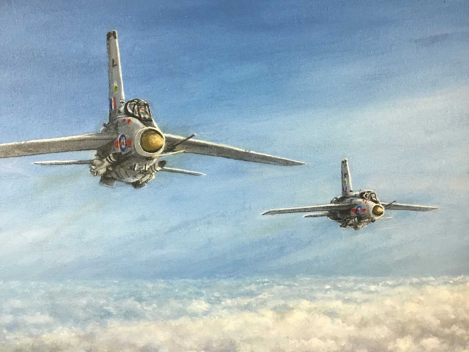 Roy Gargett (1931 - 2025) oil on canvas - R.A.F. F 35B fighter jet, signed, 34cm x 44cm in gilt fram - Image 3 of 4